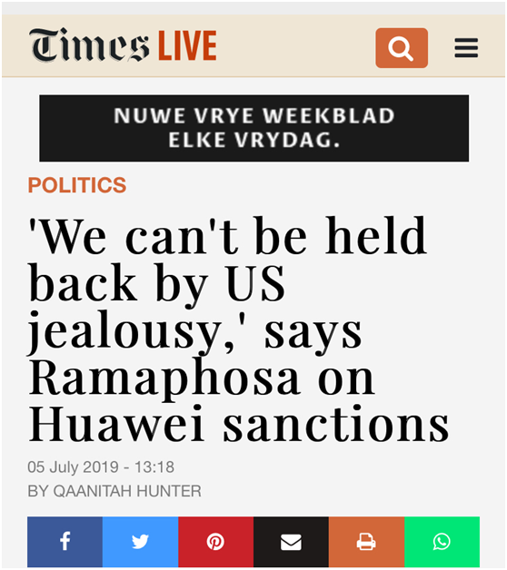 “TimesLIVE”报道截图/拉马福萨就“华为制裁”表示，我们不能被美国的嫉妒拖累