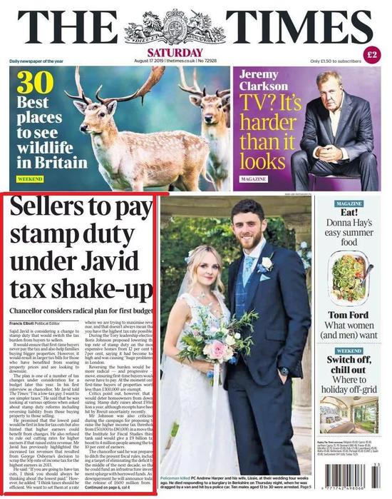  图说：财政大臣贾伟德接受《泰晤士报》专访时表示，将改革英国的房产交易印花税政策，免除自住房买家的印花税，改由卖方缴纳。