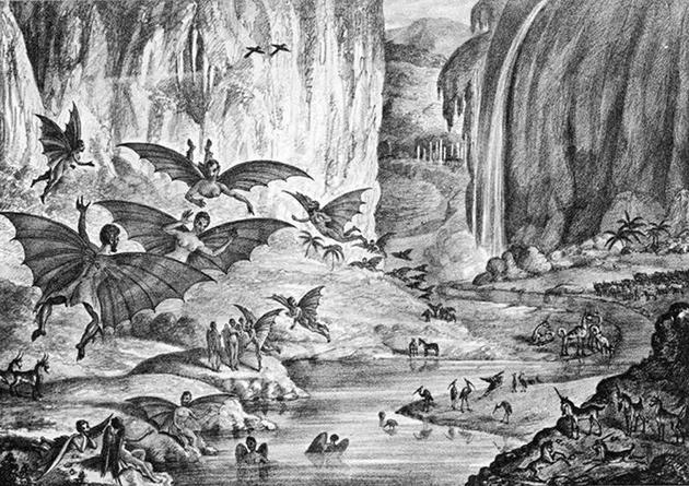 《纽约太阳报》1835年的一篇文章称月球上居住着一群长着翅膀的类人生物。

　　来源：New York Sun