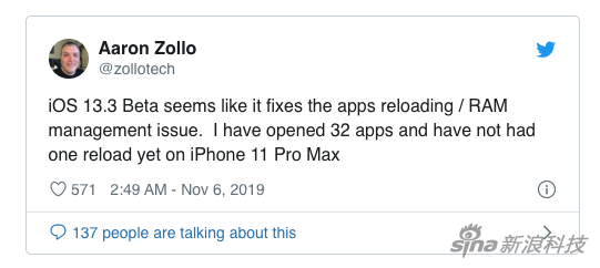 推特上有用户称已经打开了32个应用程序，还没有在iPhone 11 Pro Max上重新加载过一个