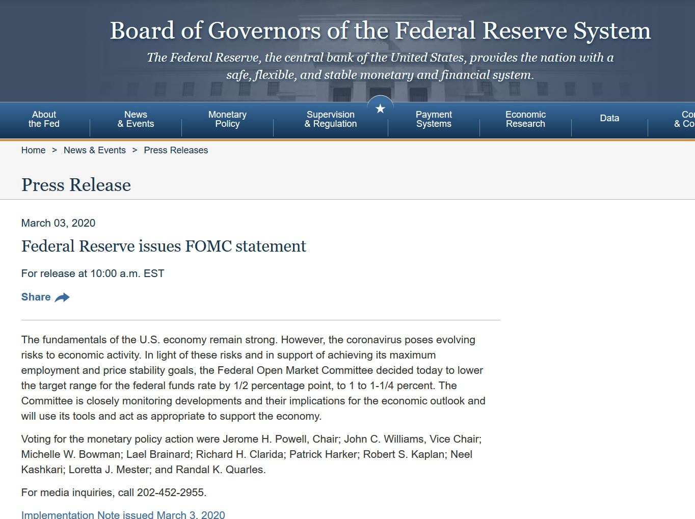 美联储降息声明 来源：美联储网站截图