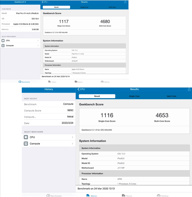 两代iPad Pro的CPU跑分，基本是一样的，下图为新iPad Pro