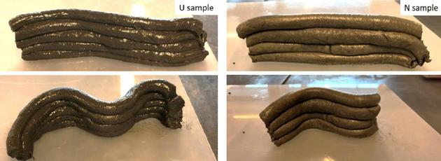 科学家测试了不同材料的叠层能力，其中左侧的样品U中含有3%的尿素，右侧的样品N中则含有3%的萘（一种常见塑化剂）。