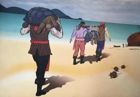  达尔文研究中心的宣传画：水手们带走大龟，留下小鼠