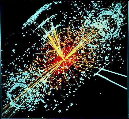 由大型强子对撞机中的紧凑μ子线圈得到的希格斯玻色子产生时的景象。它是通过衰变为强子喷流的质子与电子的碰撞形成的。来源：维基百科